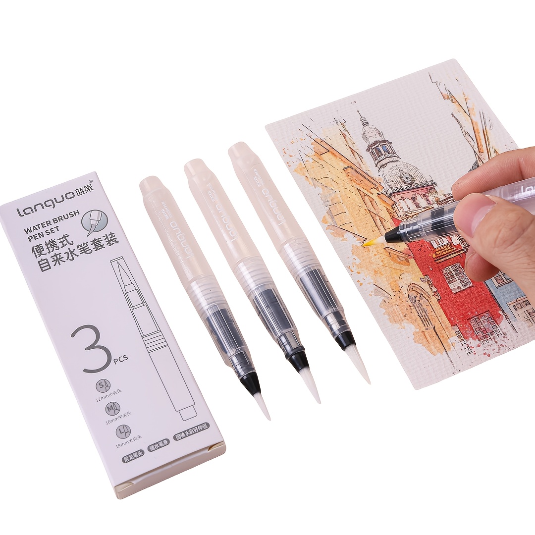 E-shop Languo Neues Modell Set mit 3 Wasserbasierten Stiften - Aquarellstifte - Tragbare, weiche Pinsel Aquarellstifte - Anfänger Zeichenstifte -