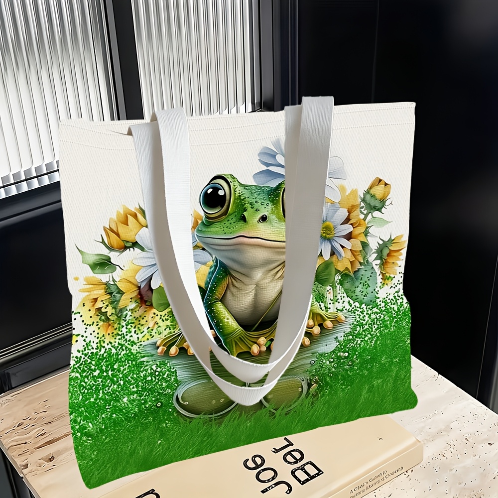 TEMU 1pc, Women'-shoulder Bag With Frog And Flower Bush Theme, Multi-functional, Tote Bag, Clutch, Evening Handbag, Travel Essential, Fashionable And