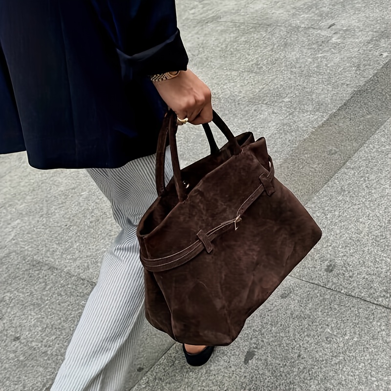 Women's Large Capacity Loose Suede Tote Bag - Elegant Brown Hobo Style Purse With , Closure And Fixed Shoulder Strap, Suitable For Work, Travel And Everyday Use Handbag - , Spacious Interior