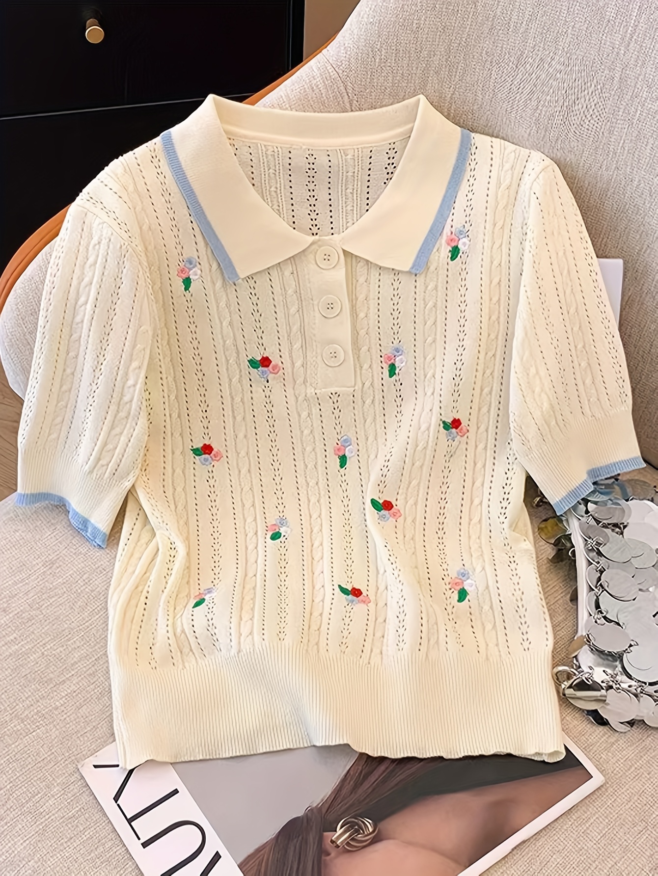 nueva camiseta verano cortas bordado floral cuello Temu Colombia