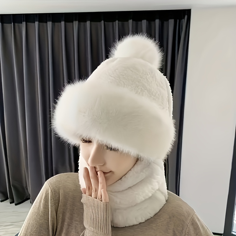 

Women's 3-in-1 Fur Winter Hat, Neck Warmer, And Face Mask, Cozy Ear-warming Integrated Scarf Cap, Warm Cycling Hat, Solid Color, Lightweight, Polyester, With Toggle Closure, Hand Wash Only, For Winter