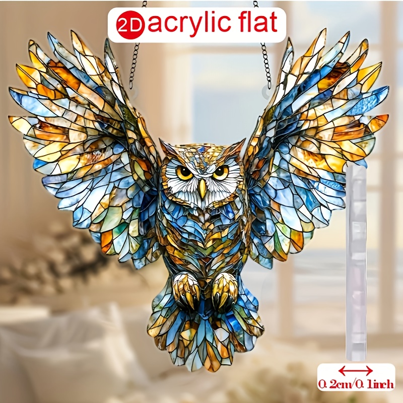 E-shop 2D Flach, Ganzjahresgeeignet, 2D flaches Design, farbenfroher Eulen-Sonnenfänger – Tiermotiv-Buntglas-Dekoration zum Aufhängen, für Zuhause und