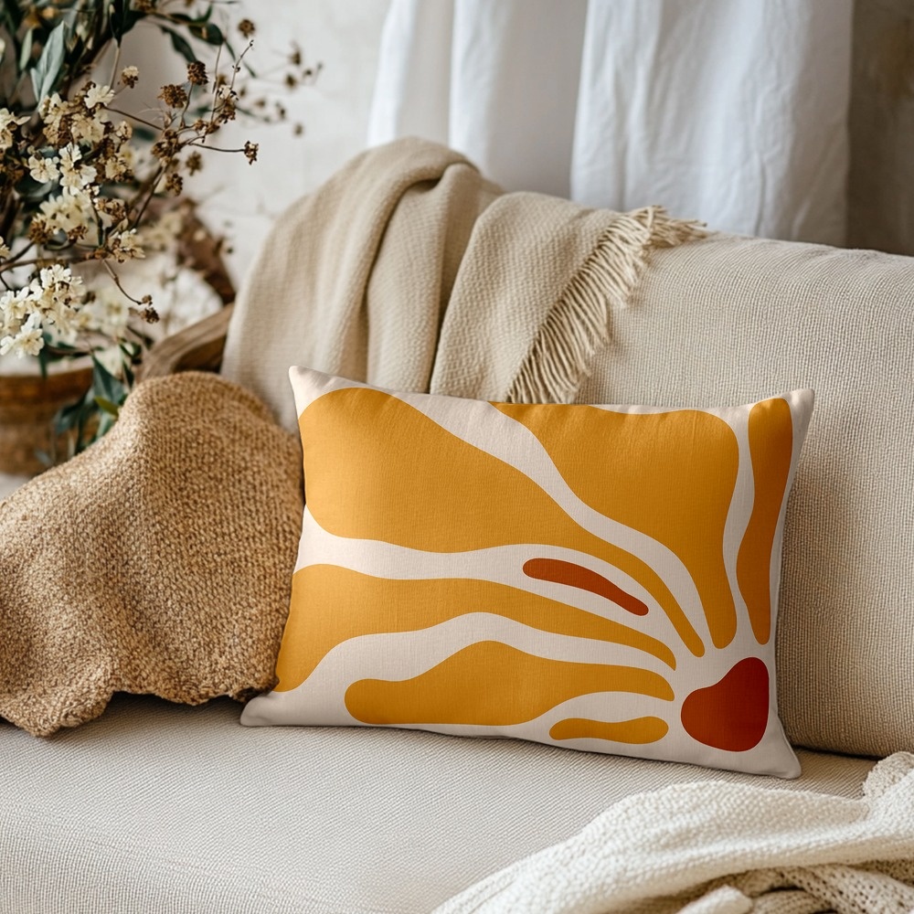 TEMU 1 Modern Abstract Sun Orange Lumbar Cushion Cover - Yellow Mustard And Geometric Pattern Decorative Pillowcase, Zipper Closure, Machine Washable