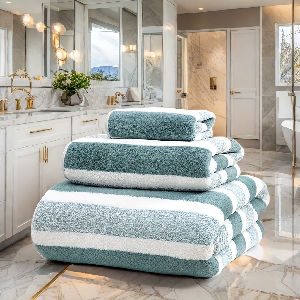 TEMU 3pcs Themed Space Towel Set - Quick-dry, Plush Striped Bath Towels - Skin-friendly Bath Essentials Ideal Bathroom Supplies High Absorbency, High