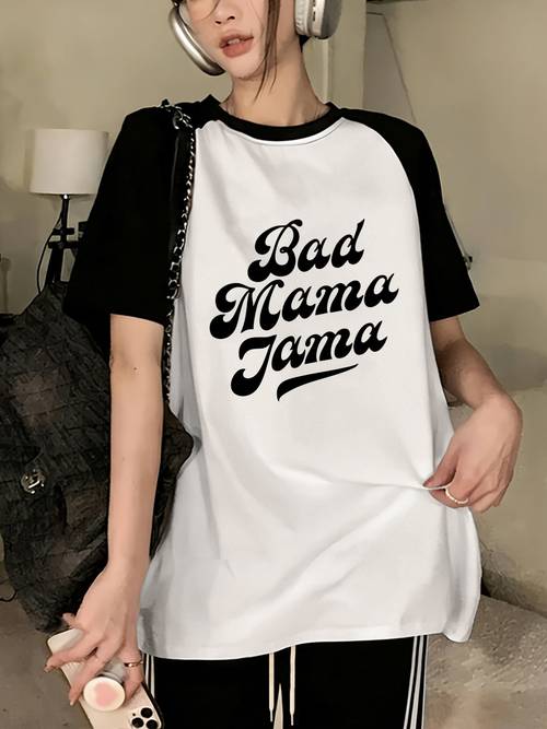 item picture womens y2k vintage color block raglan sleeve t shirt jama english letter print casual short sleeve crew neck top suitable for in multiple colors and sizes