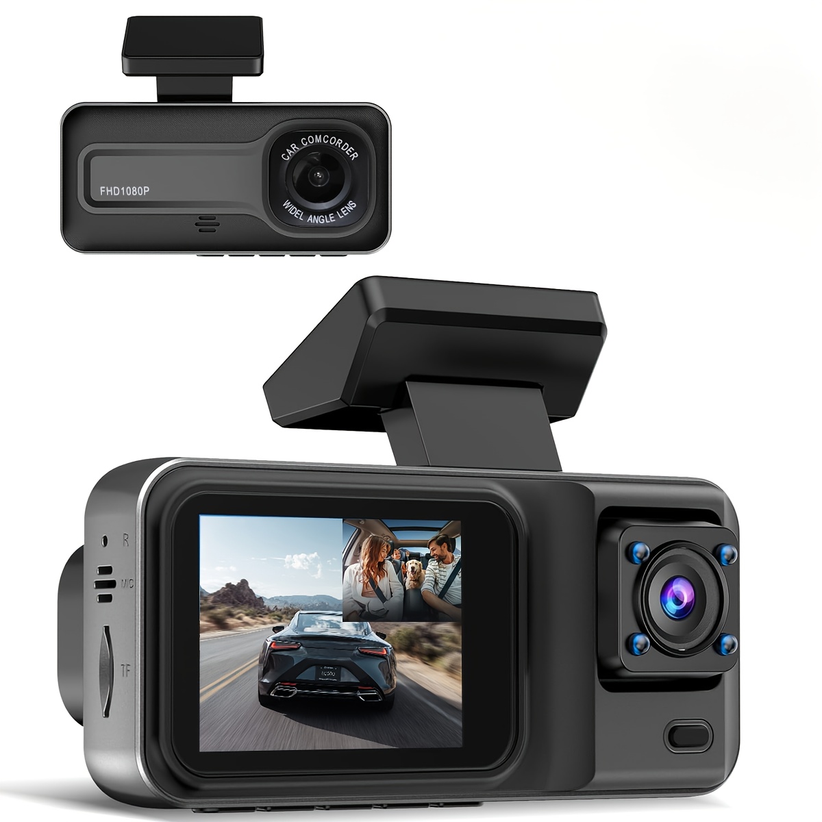 dashcam de voiture avec double   1080p+720p    , wdr, détection de mouvement,   140°, enregistrement  , surveillance de stationnement, carte 32 go optionnelle 1