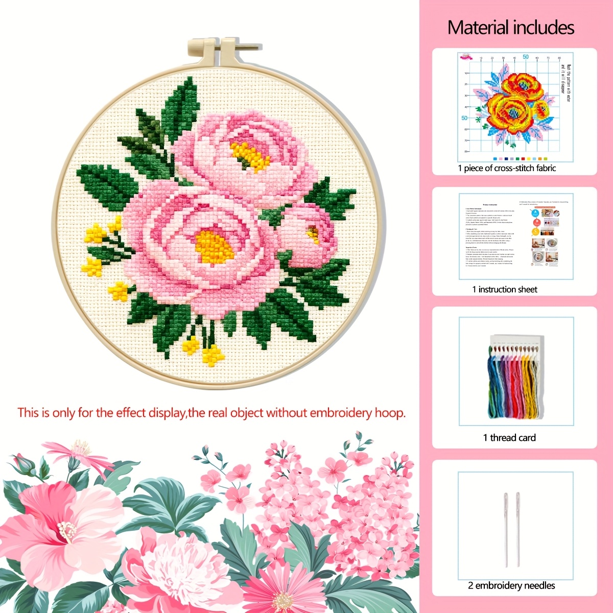 E-shop 1 Set Blumenserie Stickbild-Set - Pfingstrose, Tulpenstrauß, Gänseblümchen-Muster DIY Kunststickerei 11CT Mittelgitter mit drei Fäden, geeignet