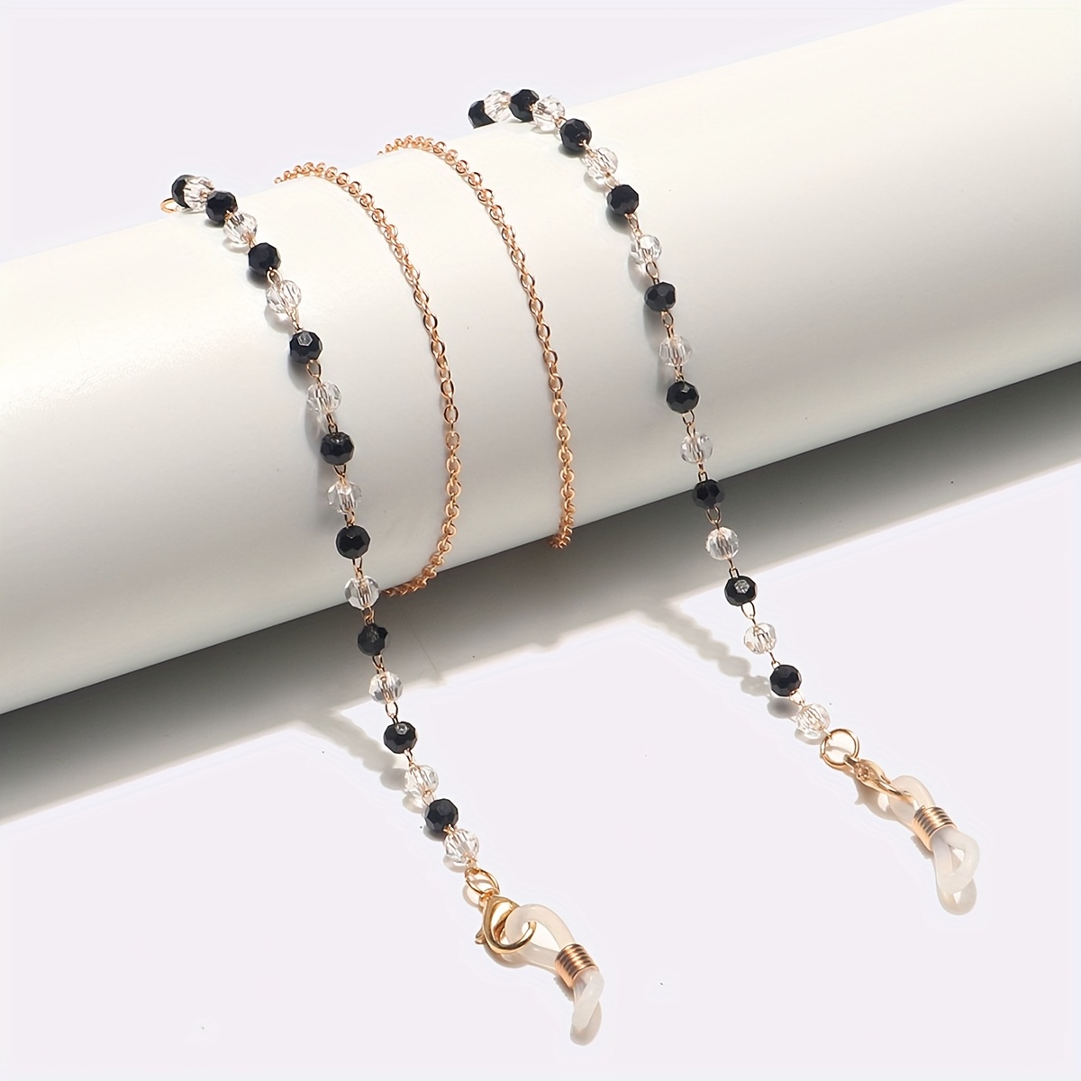Women's Vintage Glasses Chain Elegant Eyeglass Lanyard with  Interlocking Loop Detachable Necklace-like Design, Black Clear Beads,  Secure