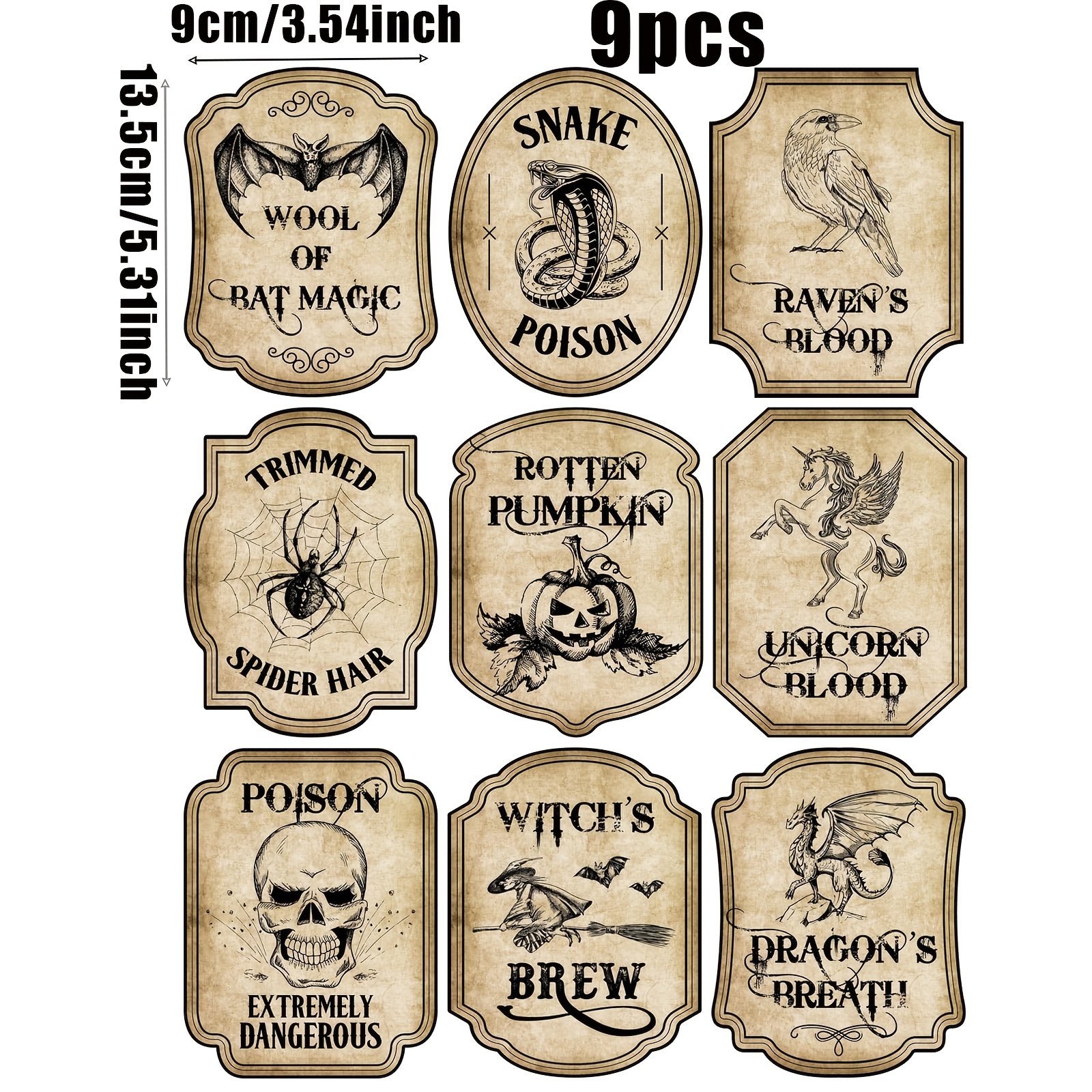 Image of 9pcs Paper Halloween Wine Bottle Labels, Vintage Potion Bottle Stickers, Spooky Witch Pumpkin Animal Bottle Decals, Waterproof Eerie Wine Stickers For Halloween Party Decorations, Gift Wrapping Labels