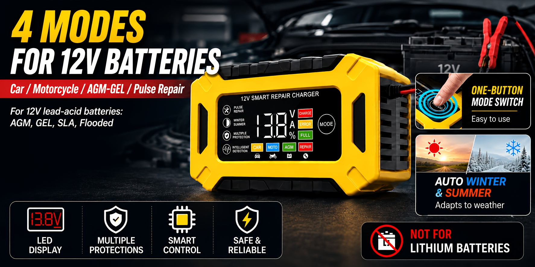  car battery charger 12v 6a for car truck motorcycle lawn mover and marine and extends batterys life flame retardand material and desulfator with temperature conpensation Product details 4