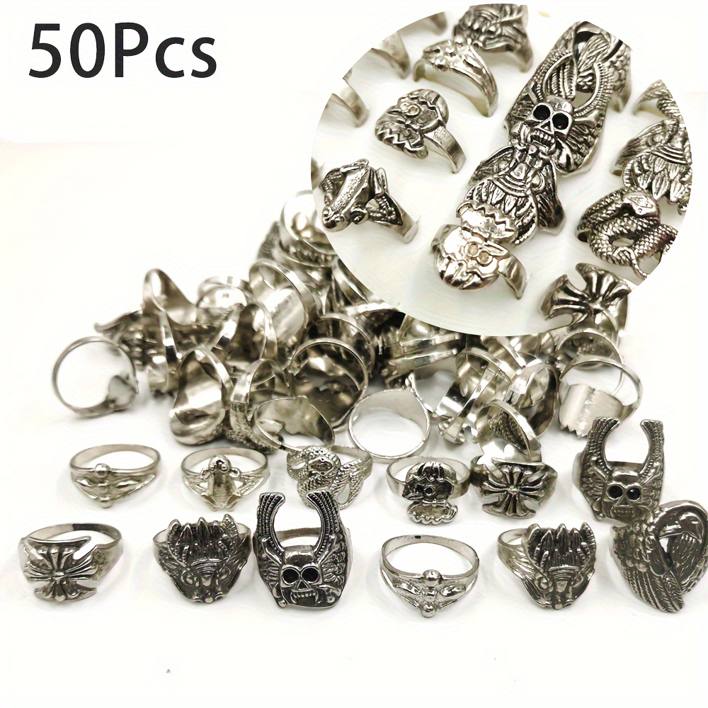 

50 Pcs Of Style Alloy Material Dark Gothic Style Silvery Ring Set, Small Personality Style High Cost Performance