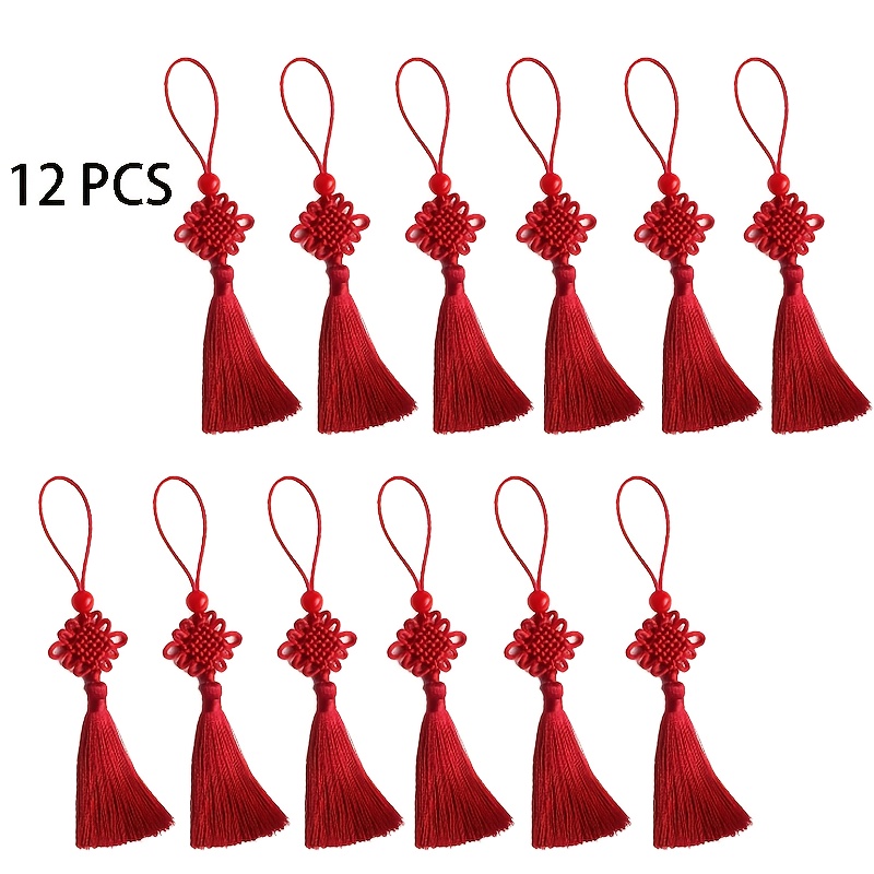 TEMU 12 Handmade Chinese Knot Tassel Ornaments - Traditional Blue And Red Knots With White Pendants, Symbolizing Good Luck For Weddings, New Years,