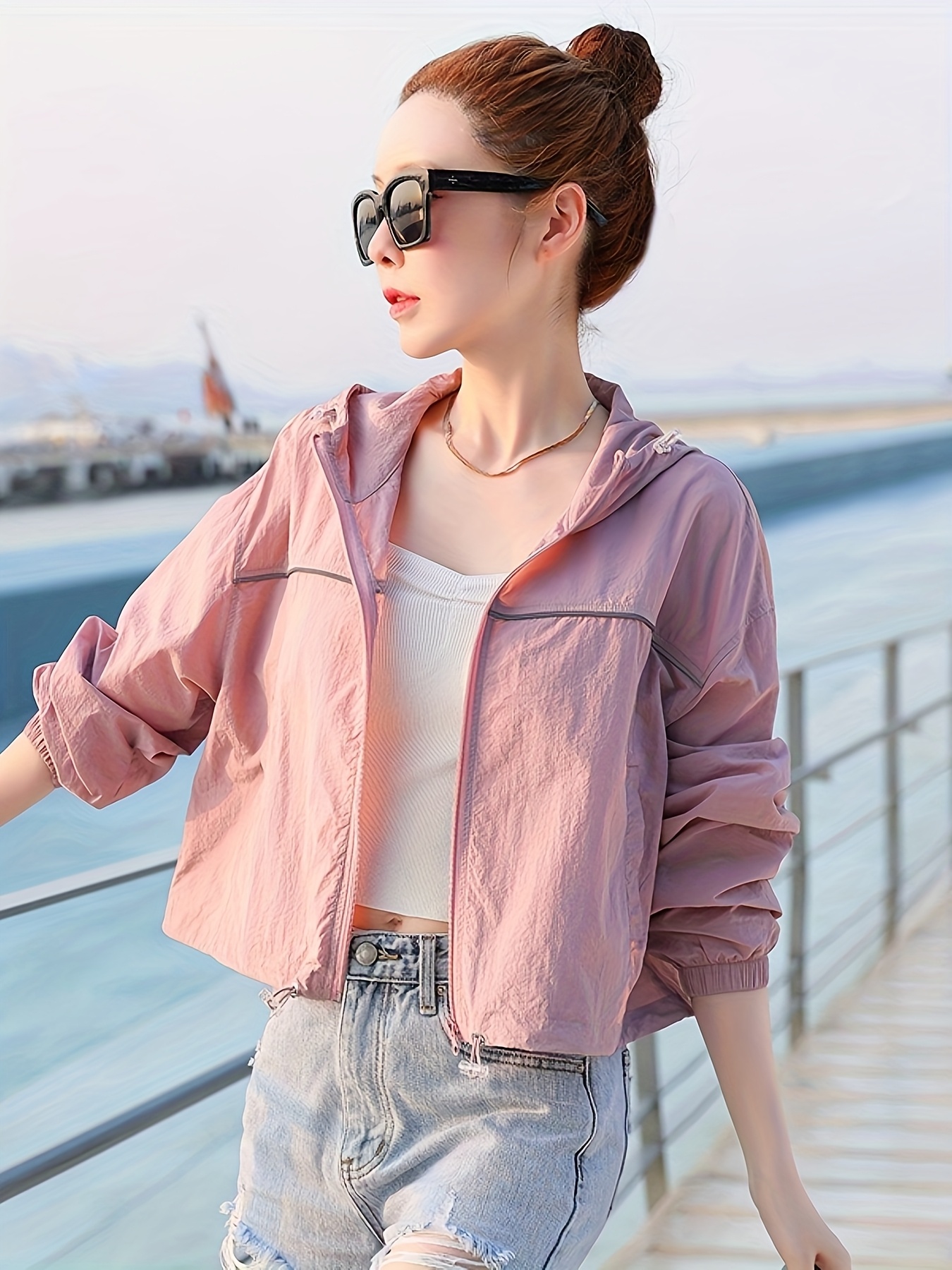 chaqueta capucha mujer bloque color rosa casual Temu Colombia