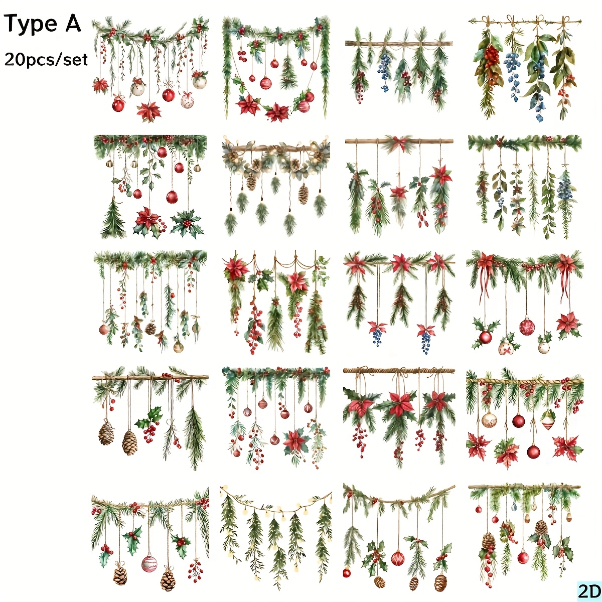Image of 20pcs/set Handmade Creative Retro Christmas Decoration Series Christmas Hanging Plant High Quality Stickers Suitable For Garbage Diary, Notebook, Decoration, Diy Cutting Book Stickers 2d/flat