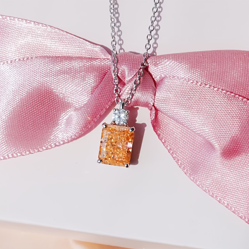 TEMU Sparkle 7ct Orange Elegant Necklace With Velvet Pouch, Silver Polishing Cloth, Jewelry Box, S925 Silver, Crushed Ice Cut Synthetic Cubic