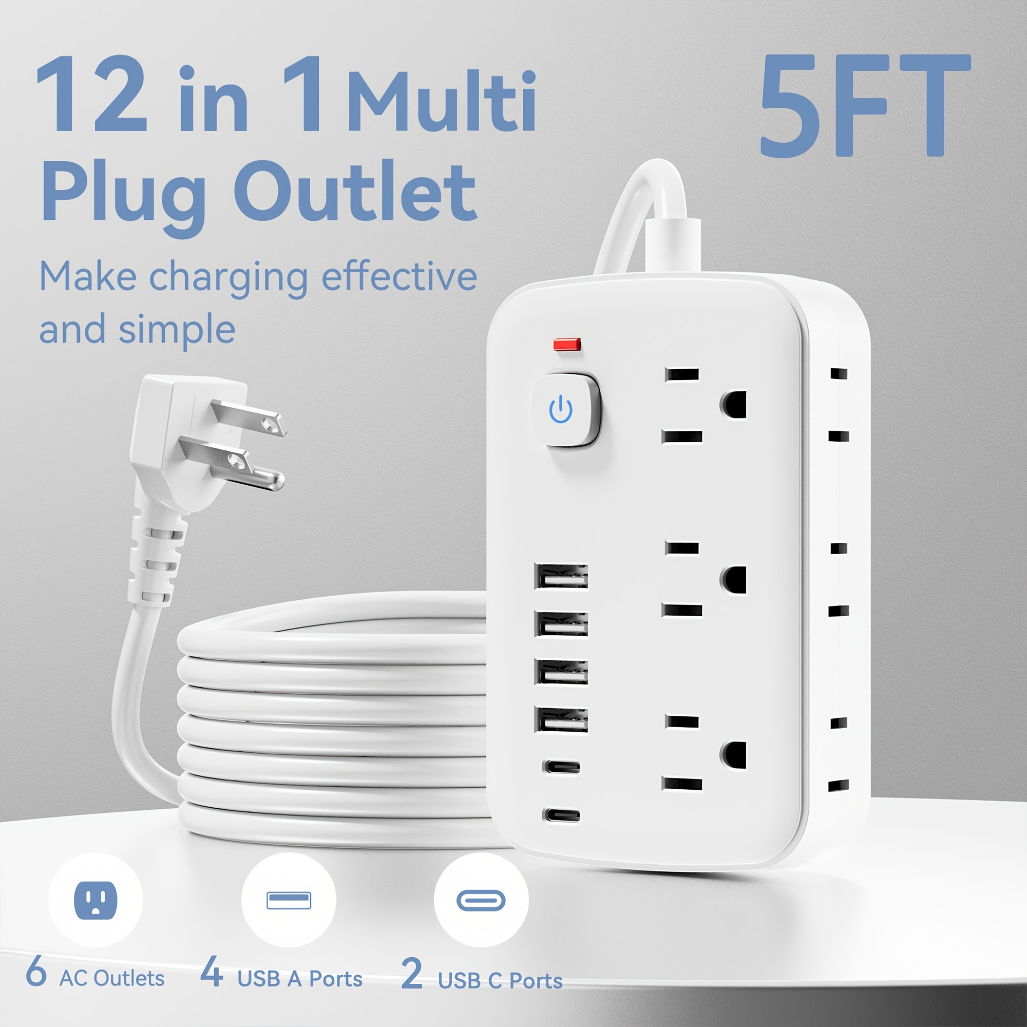 

12-in-1 Protector With 5ft Cord - Rectangle Power Supply With 6 Ac Outlets, 4 Usb-a & 2 Usb-c , Switch, 110v/220v Us Plug, Wall Mountable, & Fireproof Protection