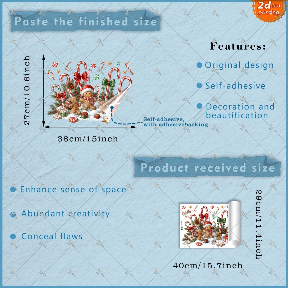 TEMU 2d Flat, 1pc 2d Flat Printed Christmas Gingerbread For Man Candy Cane Gift Pine Branch Snowflake 30*40cm Window Clings Diy Self-adhesive
