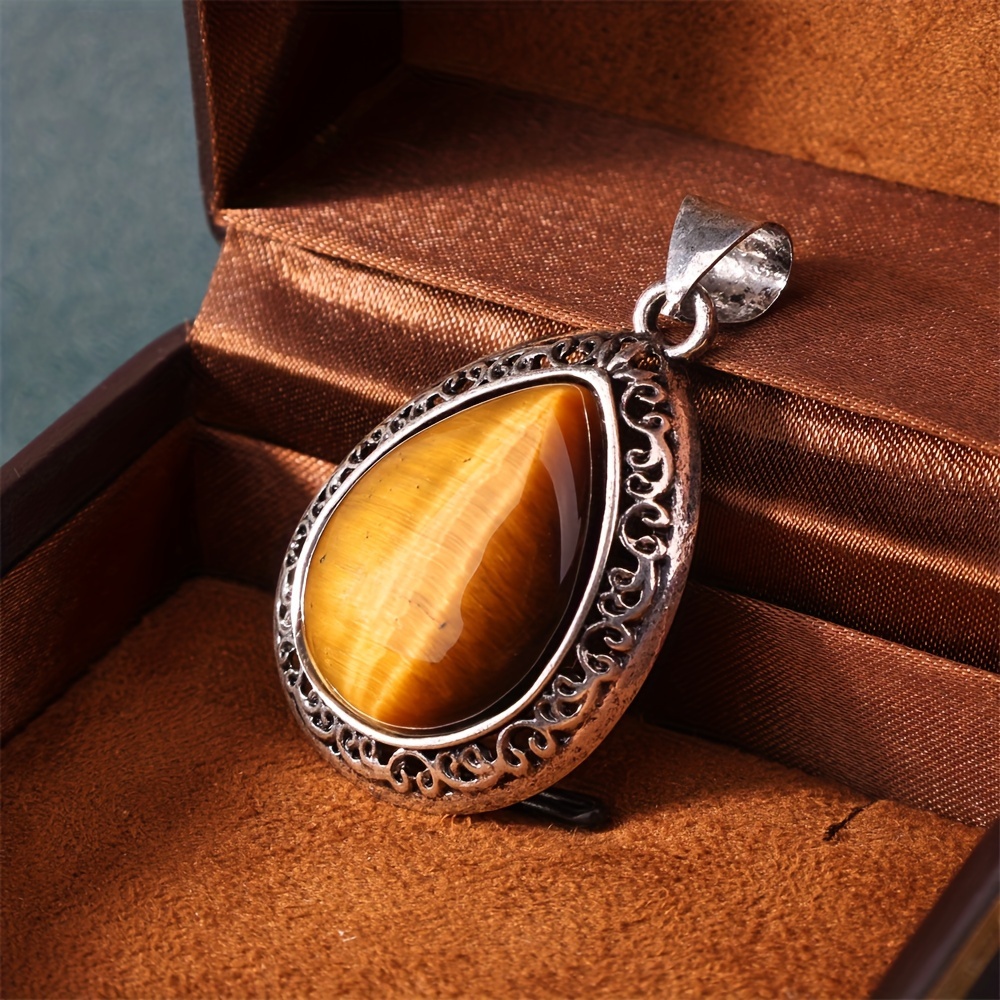 Teardrop Natural Stone Pendant Necklace, Rose Quartz & Tiger's Eye