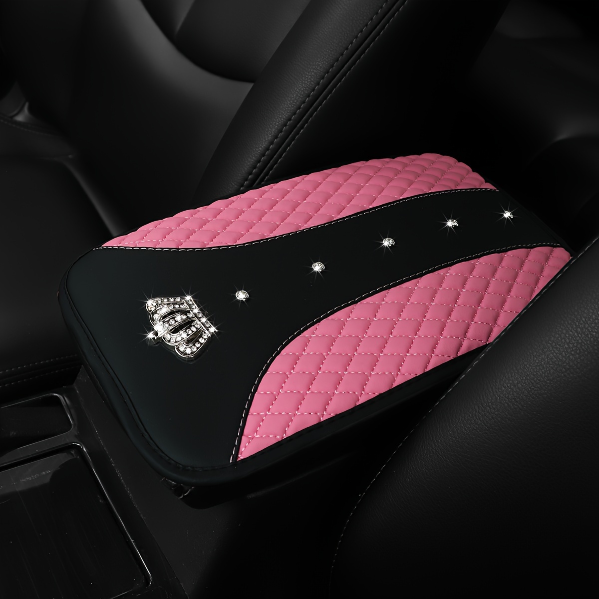 

Blingbling Pu Leather Car Console Cover With Diamond Crown Design - Waterproof And Comfortable For Your Car's Center Console