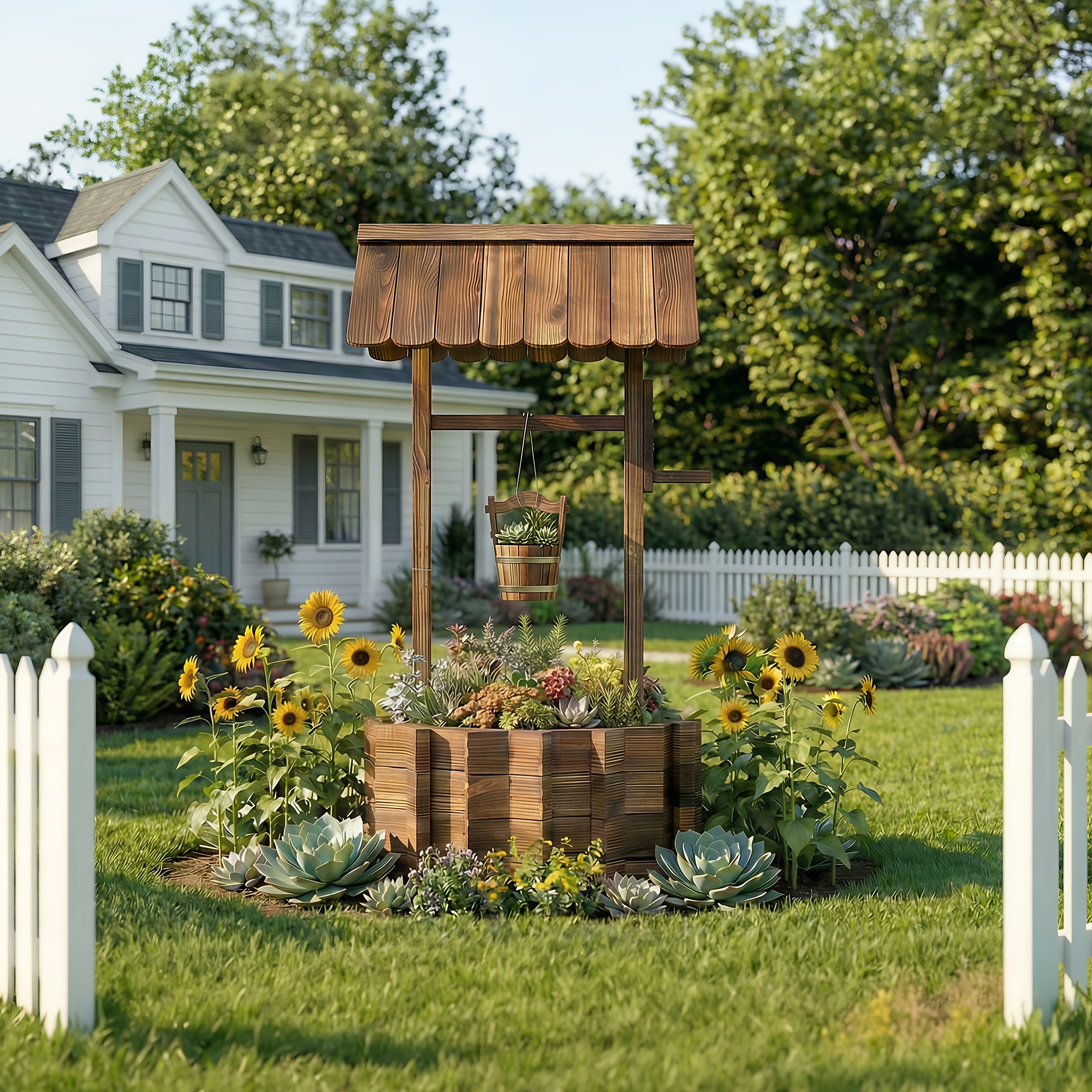 Image of 24''wooden Wishing Well Planter For Outdoors With Hanging Bucket, Rustic Flower Planter Patio Garden Decorative, Brown Gardening Gift,home Decor