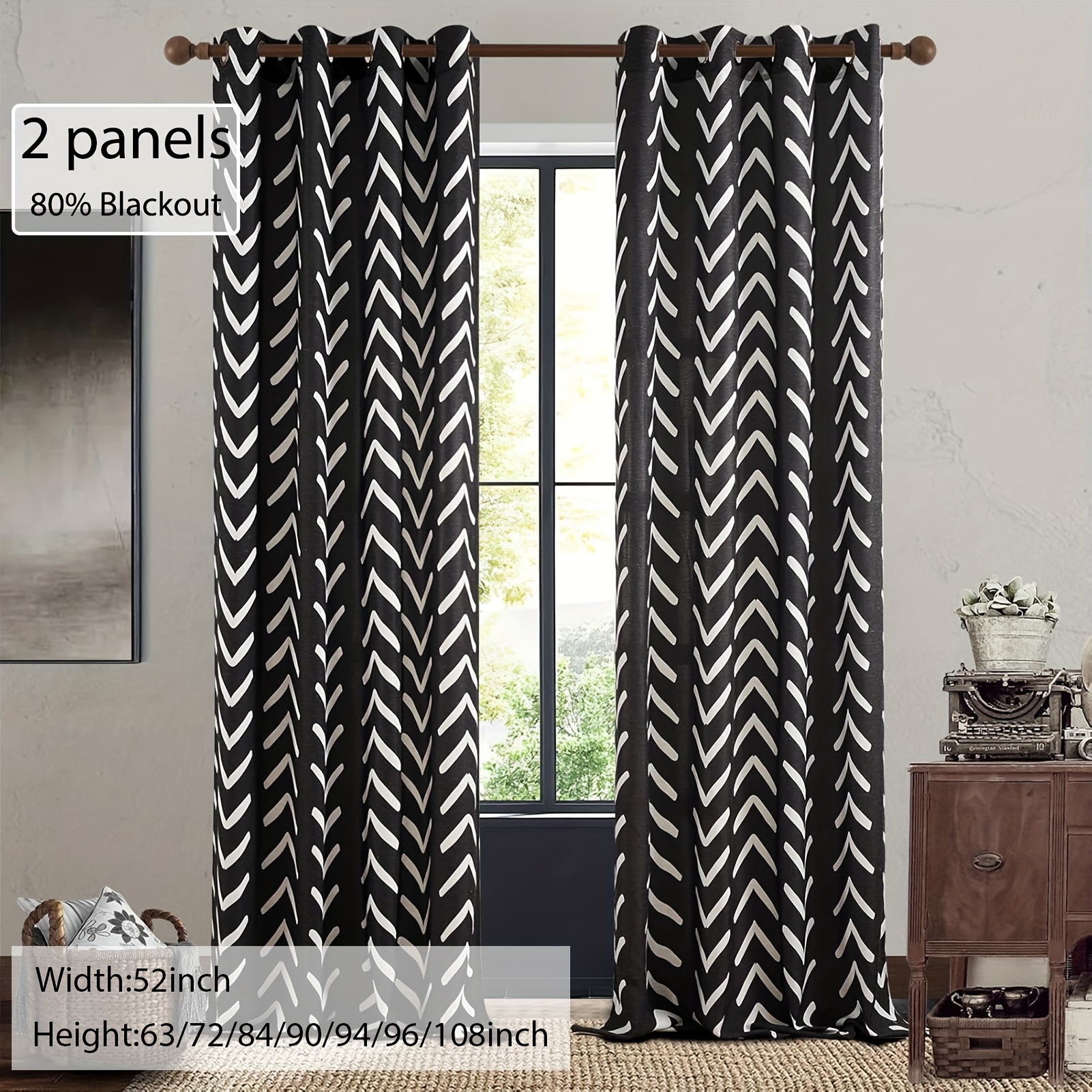 black and white pattern linen curtains 2 panel room darkening herringbone  fabric grommet curtains living room chevron farmhouse curtains window |  Free Shipping On Items Shipped From Temu | Temu, image size:1601x1601