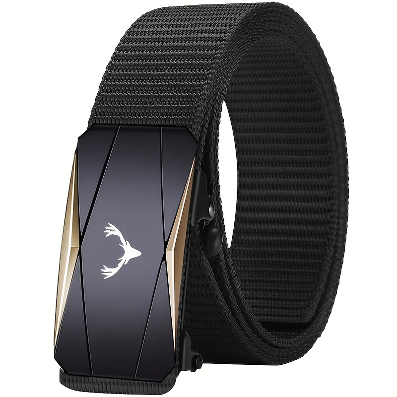 TEMU Men's Waist Belt With Deer Head Automatic - Adjustable Black Nylon Webbing, Suitable For Outdoor, Hiking, Hunting, And Casual Wear | Durable