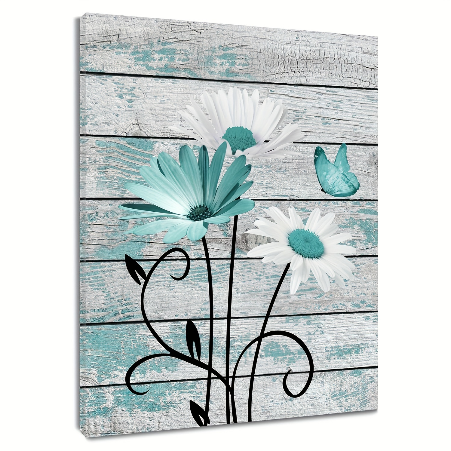 

1pc Frameless, Farmhouse Floral Wall Art Teal And White Daisies Flowers And Butterfly Rustic Wood Canvas Printed Artwork Suitable For Bathroom Bedroom Decor 12 X 16 Inches