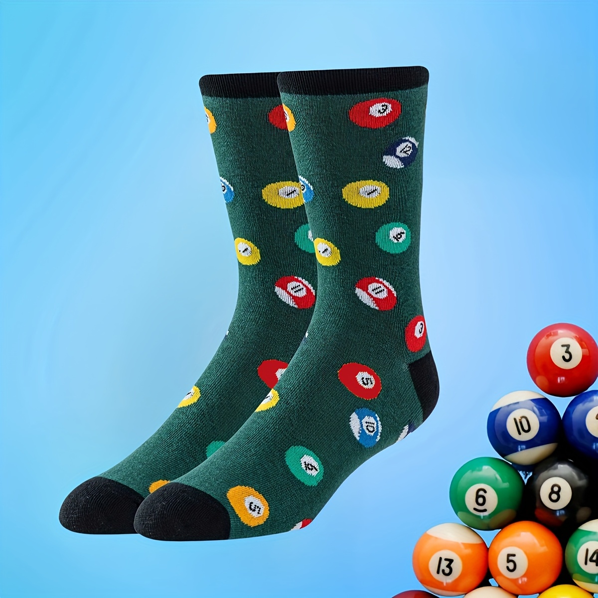 

1 Pair Men's Mid-calf Socks, Snooker Pool Table Pattern, Cotton (60% Cotton, 30% Polyester, 10% Elastane), Knit Fabric, Cartoon Design, Hand Wash Only