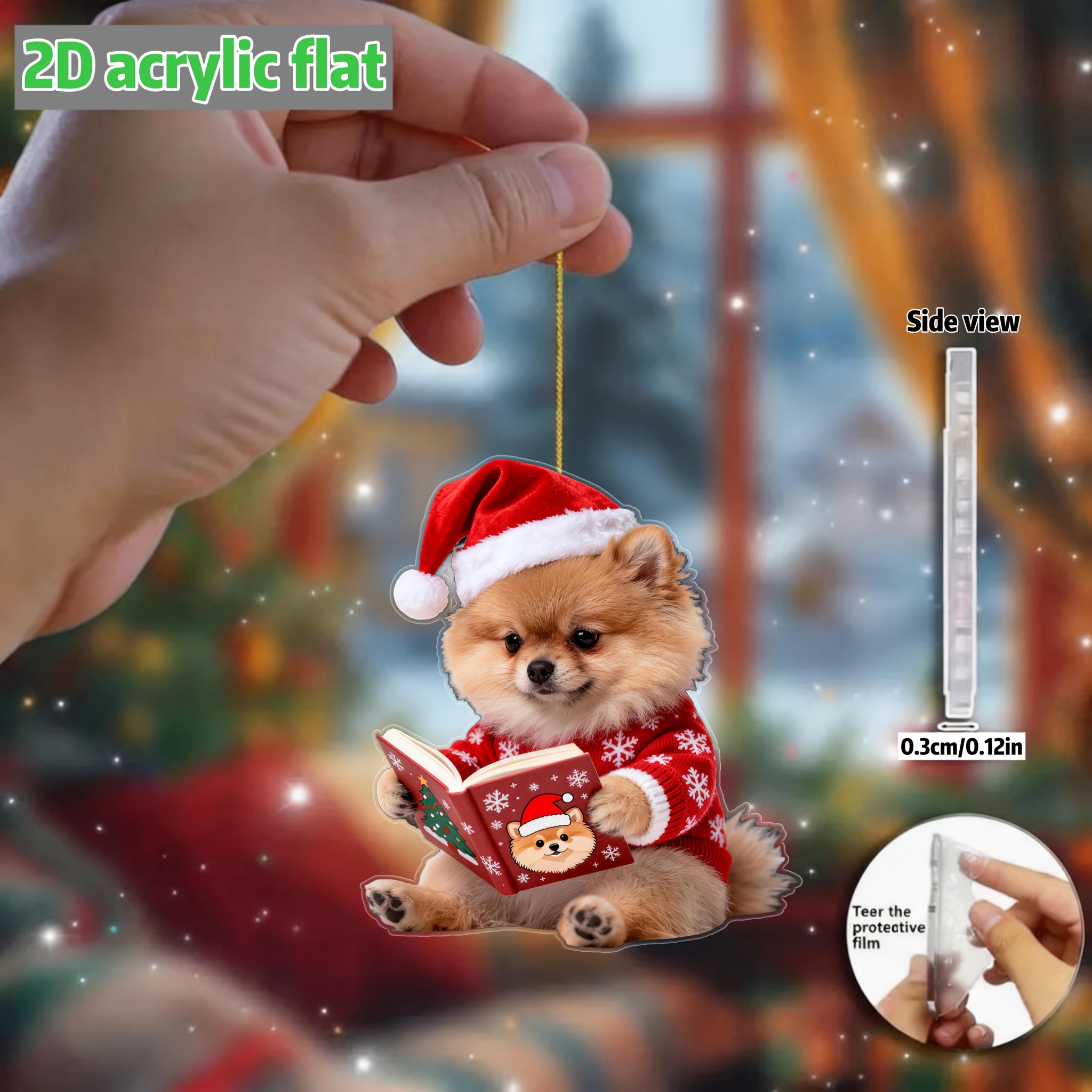 TEMU 2d Flat, 1pc Cute Pomeranian Dog Ornament - Flat Acrylic Hanging Decoration Suitable For Christmas Tree, Car & Backpack Decor With