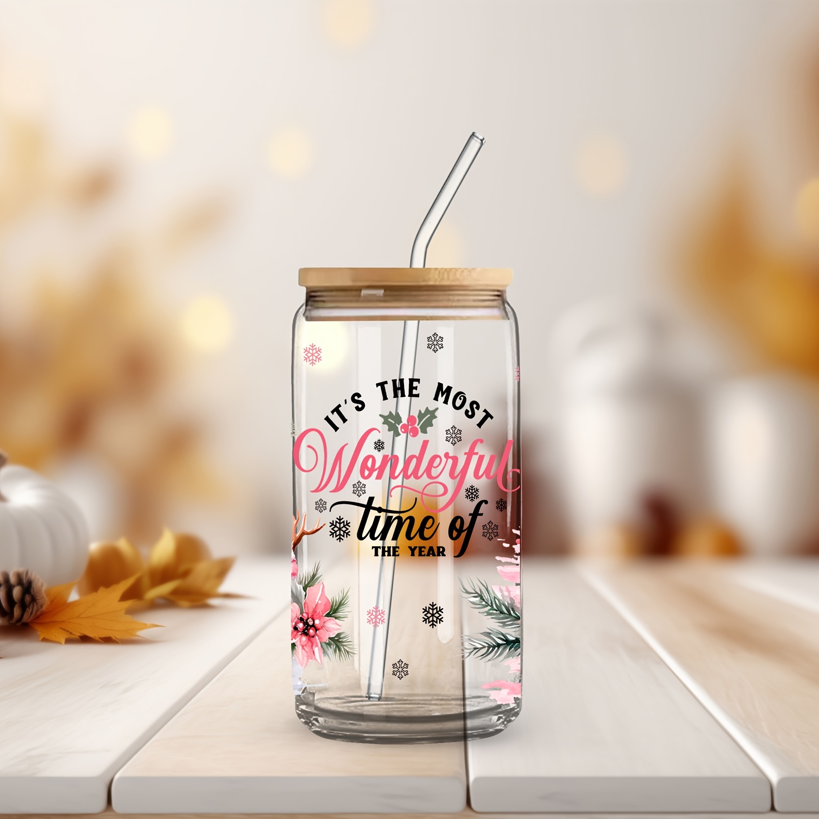 TEMU 1pc Of 16oz Transparent Glass Cup With Christmas Snowman And Flower Pattern, Suitable For Coffee, Beer, Milk And Juice (with Straw)