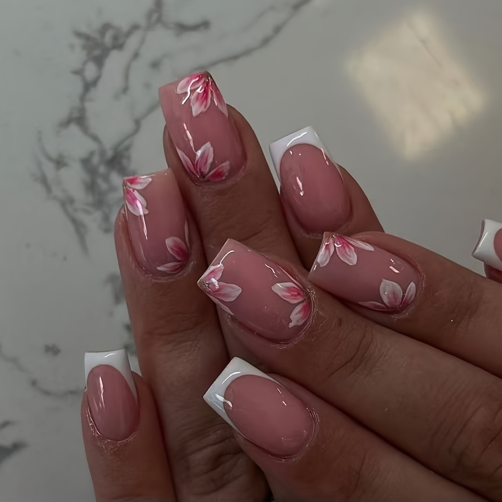 Image of 24pcs Medium Oblong Press-on Nails, Nude Pink With White French Tips, Hand-painted Cherry Decor, Exuding . Spring /, French Contrast , Brightening And Ethereal, Ideal For Daily