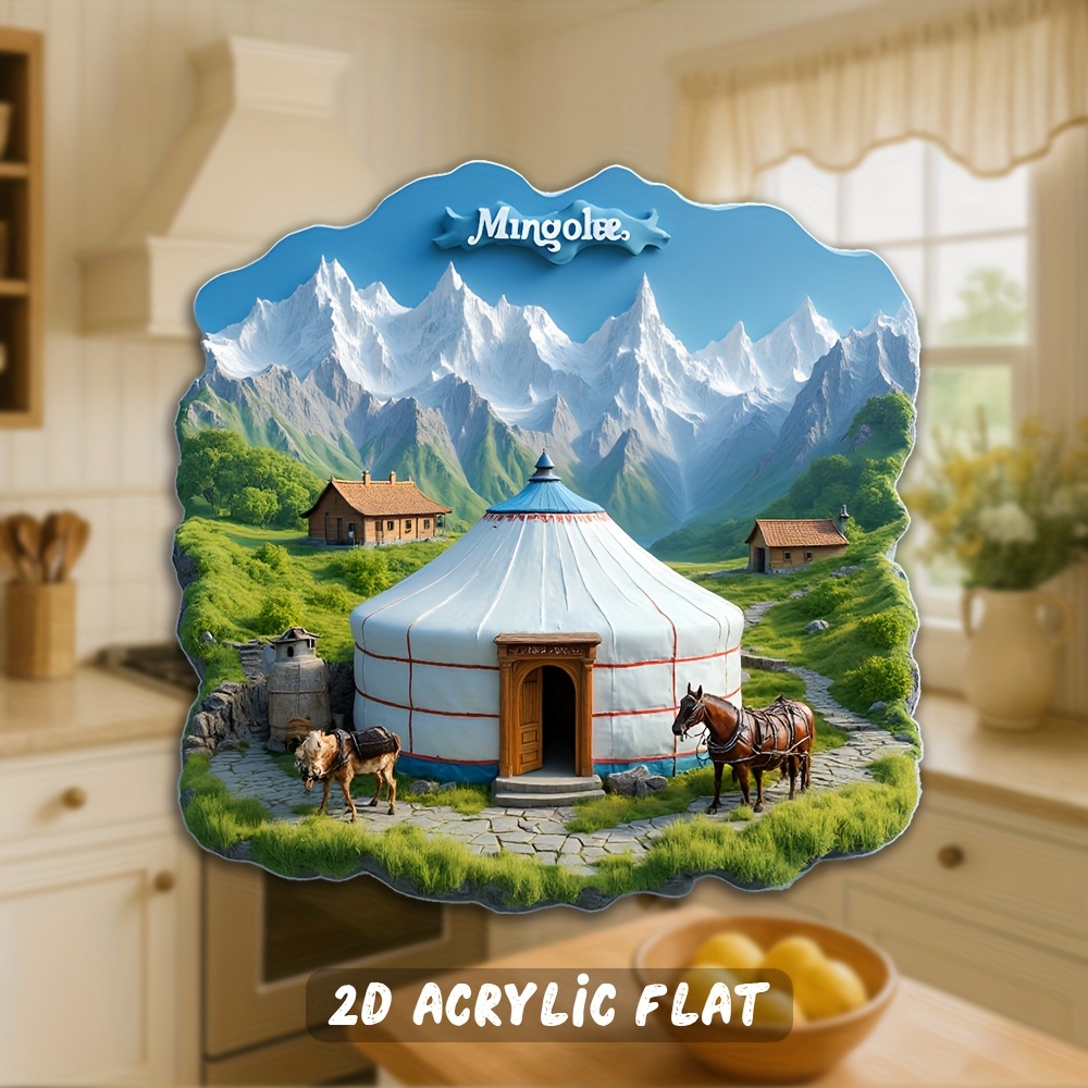 TEMU 2d Flat Design, 1pc Acrylic Fridge Magnet, 3.15 Inches, Mongolian Tent Leisure - Carriage And Mountain Scenery - For , Travel Gifts, And Holiday