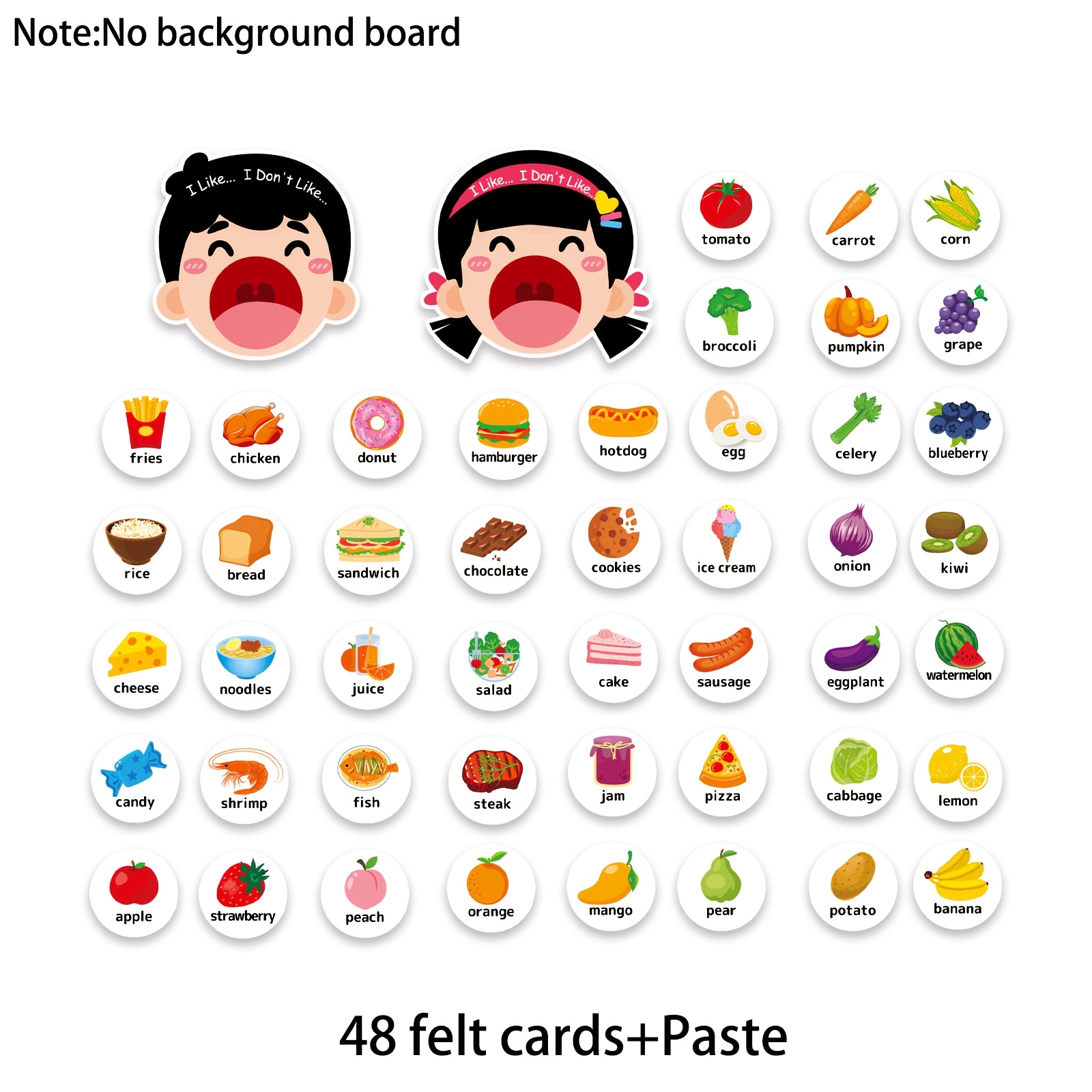 TEMU Set de de preferencias alimentarias de fieltro, tarjetas de memoria de vocabulario de alimentos " / ", juego interactivo de aprendizaje de