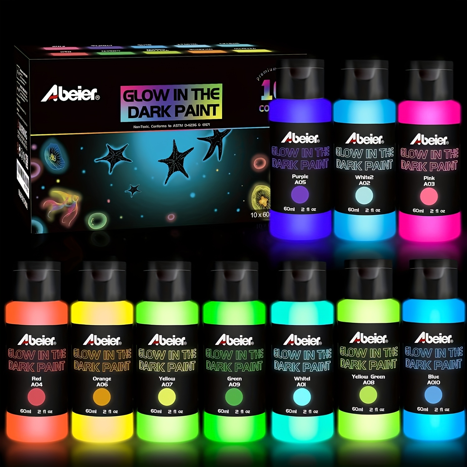 Image of Supplies. -the-dark Acrylic Pigment, 10 Bright Colors (60ml) Blacklight Paint, Glow In The , Fluorescent Pigment, Ideal For Projects, Halloween, Christmas Decorations
