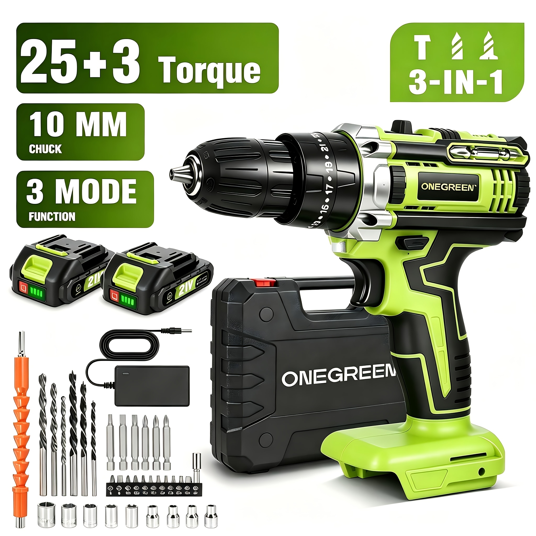 Image of Electric Drill Set, Household Multifunctional Impact Drill, 3/8 Inch Drill Bit, Electric Screwdriver 2 Battery Plastic Box Set, Led Light Golden Durable Wood Drilling Tool