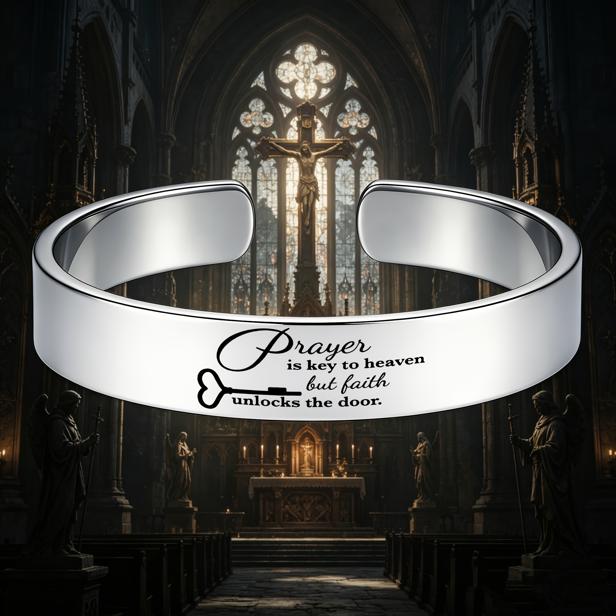 Christian-Themed Inspirational Stainless Steel Open Bangle, Daily Reminder