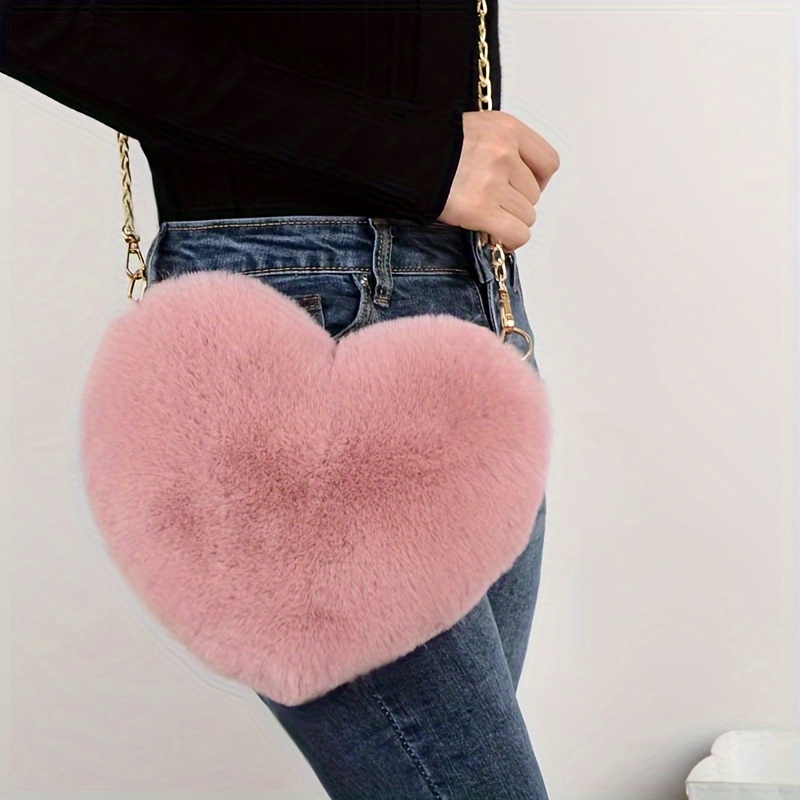 

Fashion Heart-shaped Fluffy Shoulder Bag - Fur Solid Color Crossbody Purse With Zipper, Polyester Lined - Ideal Gift For Valentine's Day, Casual & Use