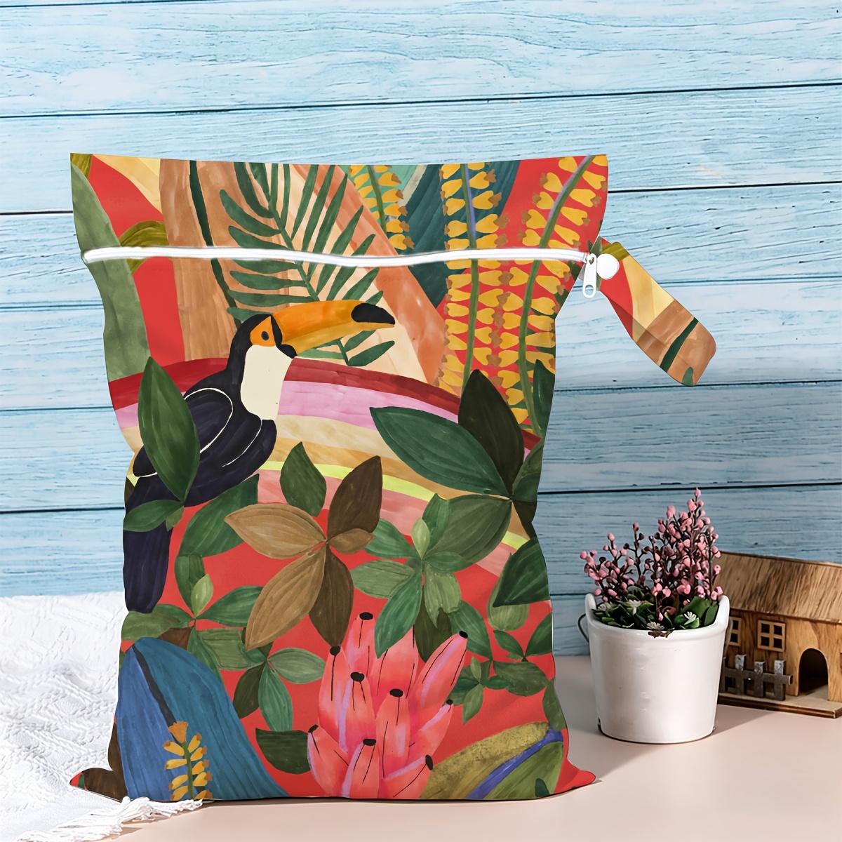 TEMU Red Background Tropical Jungle Print Wet Dry Bag, Swimming Gear Equipment Bag, Swimming Equipment Storage Bag, Smooth Zipper Beach Vacation Swim