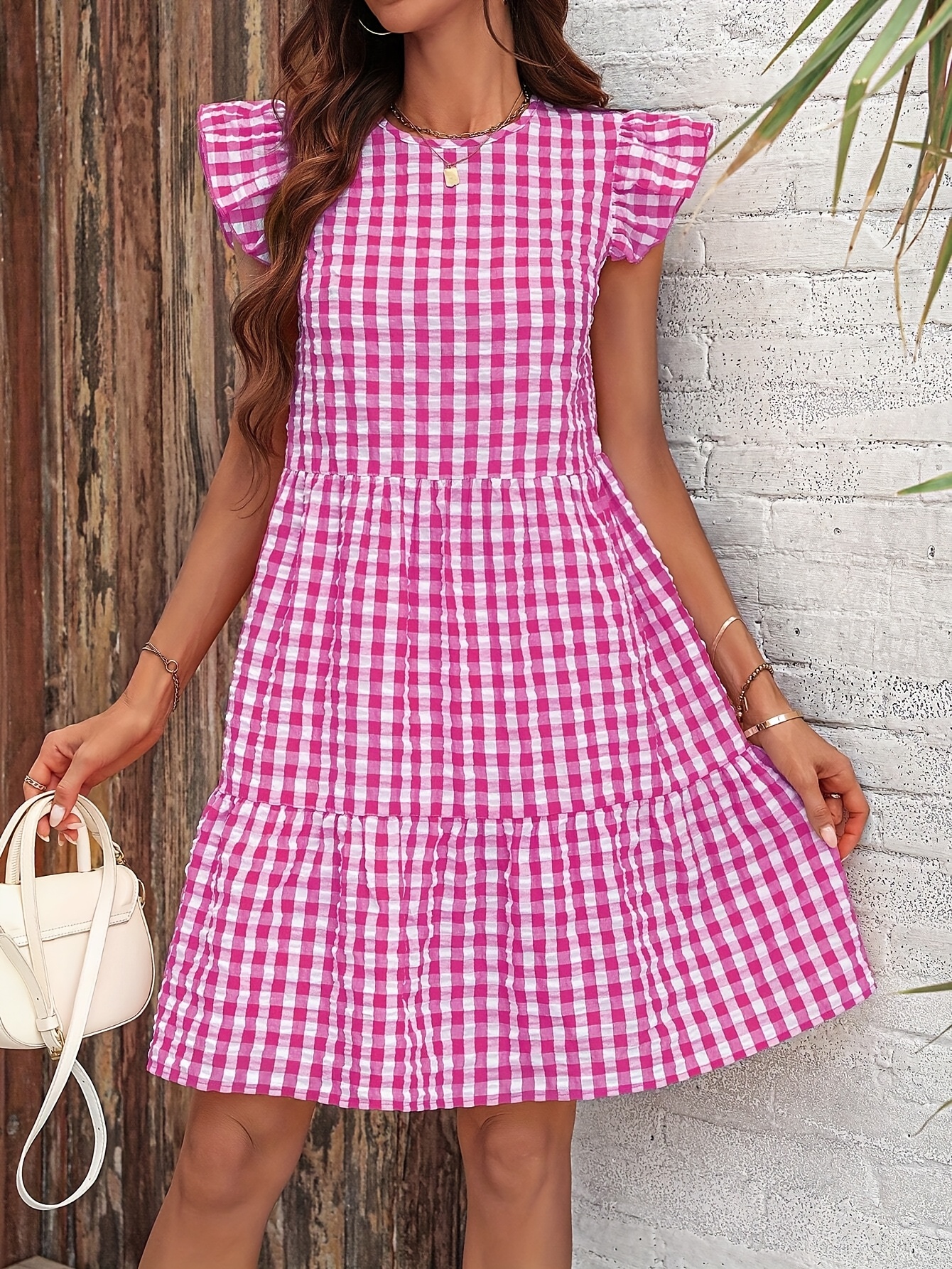 a new womens pink checkered casual knee length dress - Temu Bahrain