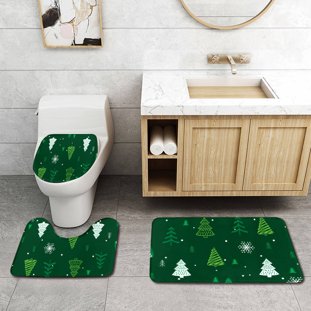 

3-piece Christmas Bathroom Rug Set, Machine Washable Non-slip Bath Mats, Polyester Toilet Mat And Lid Cover, Home Decor, Green With Holiday Patterns