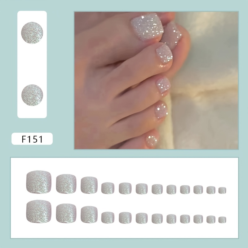 24pcs Press-on Nail Tips, Glitter Press-on Fake Nails, Toe Nails, European/ Fine Glitter Nail Art