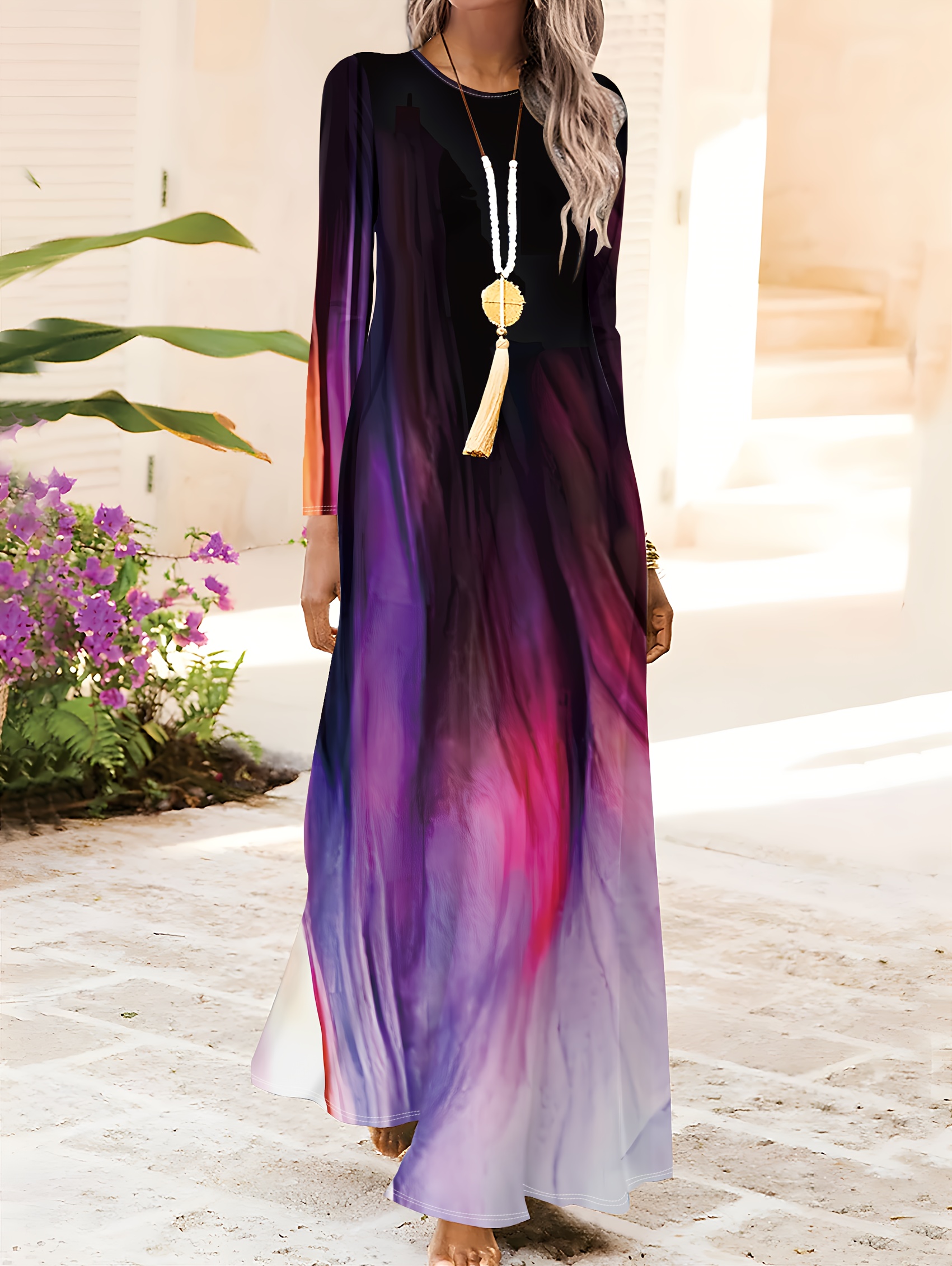 spring and     gradient ombre   elegant style round neck long sleeve dress