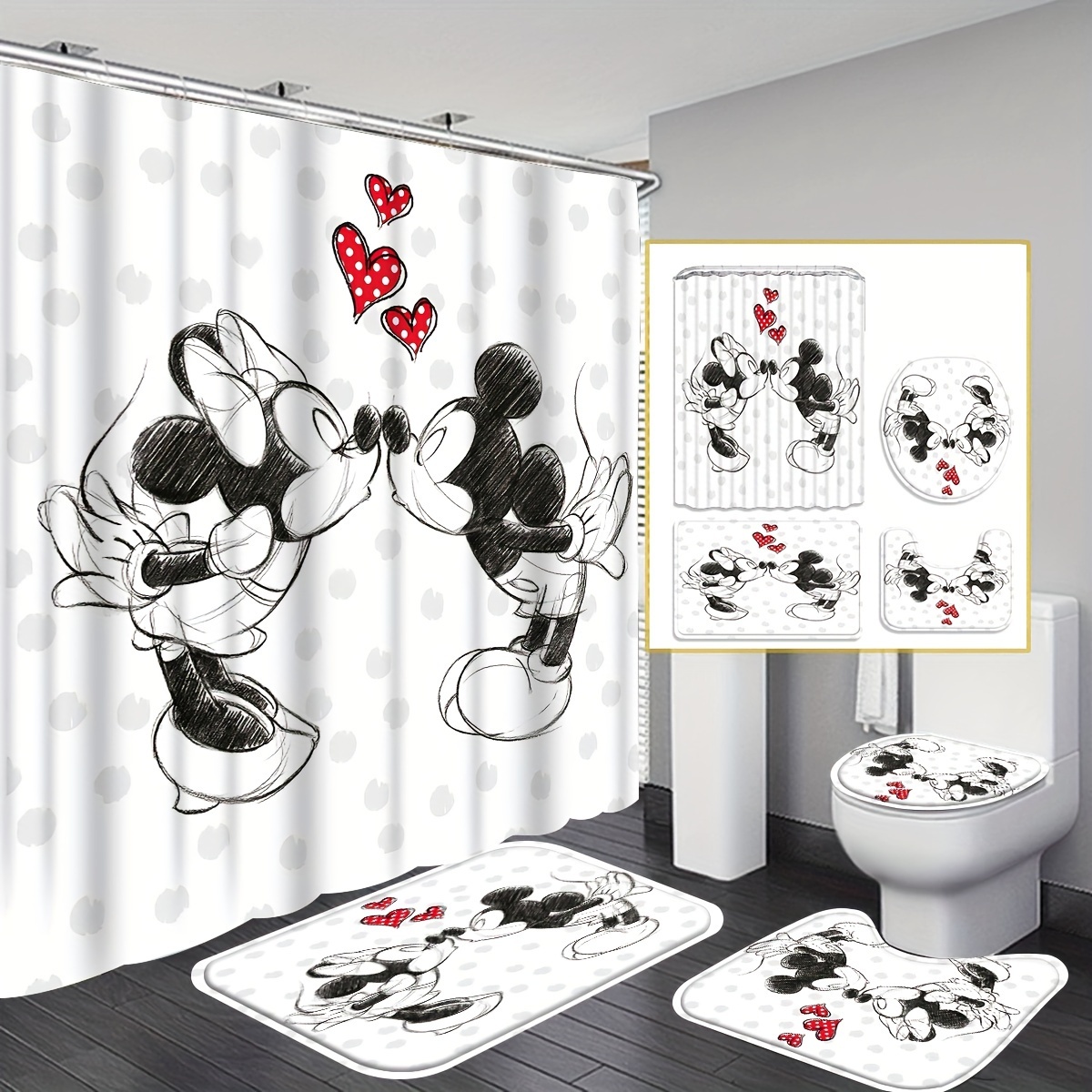 

Disney Mickey Mouse 4-piece Shower Curtain Set - Waterproof, Includes Non-slip Bath Mat & U-shaped Toilet Rug With Hooks - Perfect For Bathroom Decor