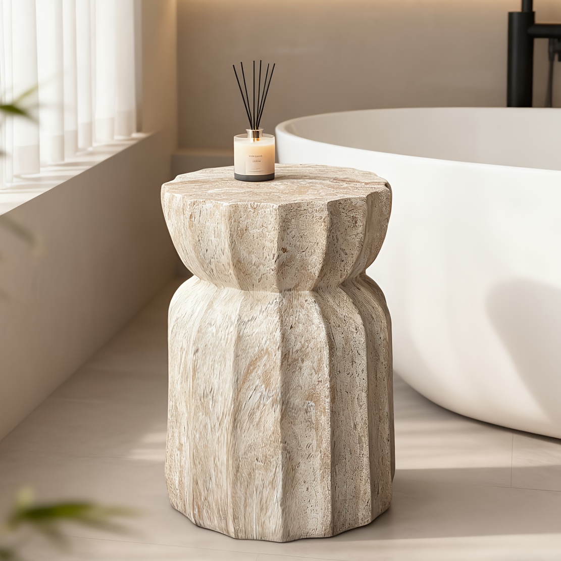 A Side Table with Exquisite Travertine Texture, Suitable for Courtyard Decoration/coffee Table/indoor Decoration/festival Gifts. Dimensions: 47.5cm in Height and 37cm in Diameter.