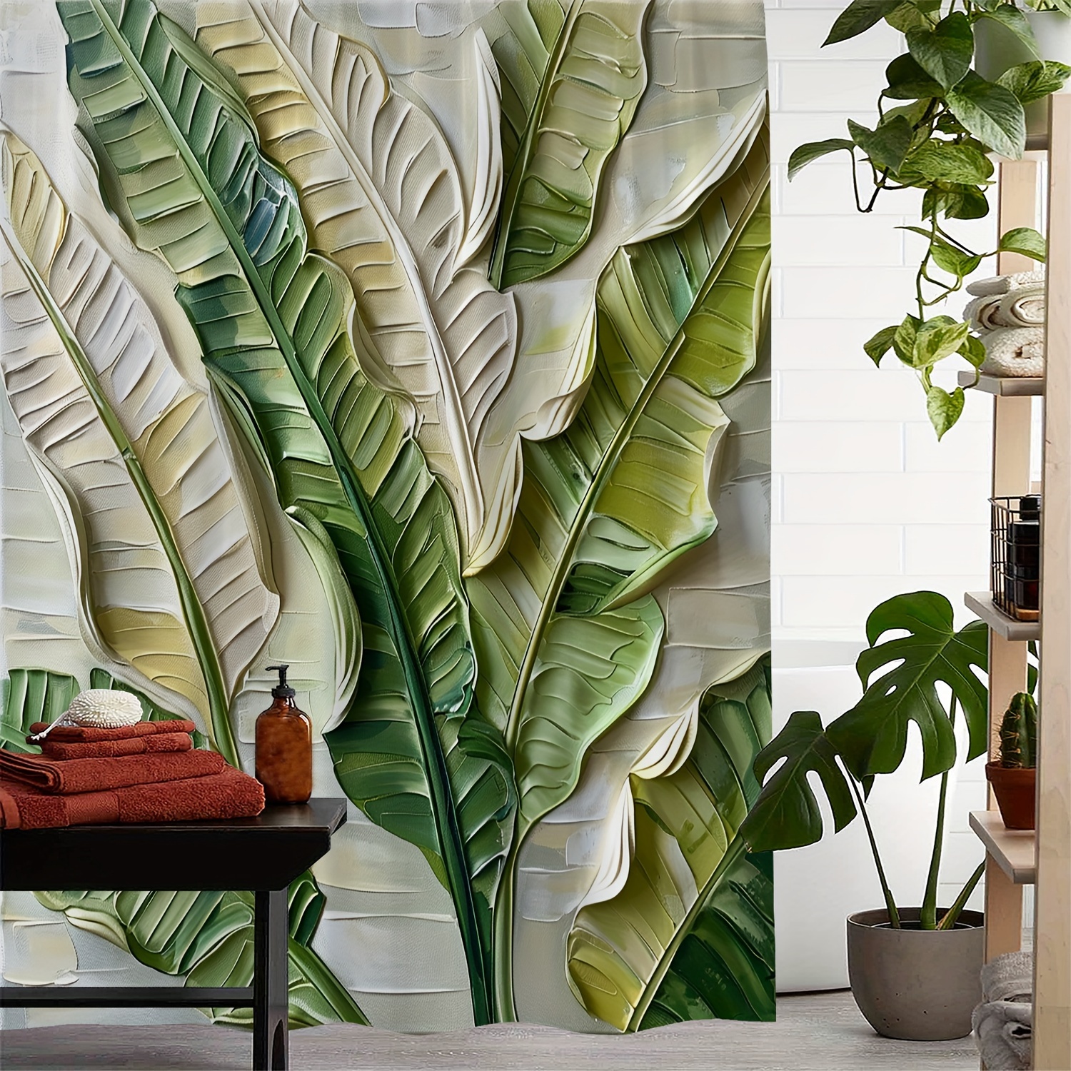 

1pc 3d Tropical Leaf Pattern Shower Curtain, Waterproof Shower Curtain With 12 Hooks, Bath Curtain, Bathroom Partition, Room Decoration, Machine Wash Window Bathroom Decoration