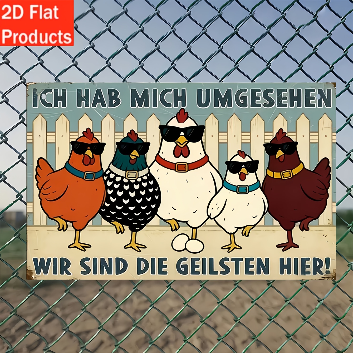 E-shop 2D Flat - Dekoschild und Plakette - . Holzschild und Plakette, Deutsche Vintage-Stil Wandkunst "Ich Hab Mich Um Gesehen" und Hühnerdesign |