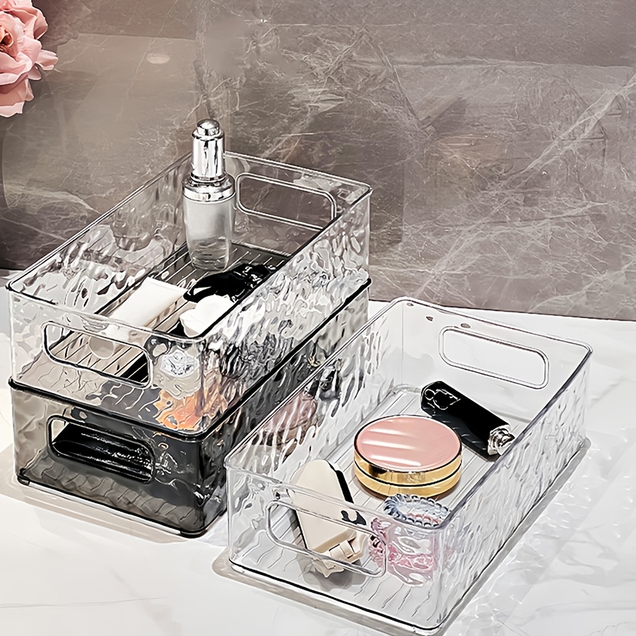 

1pc Clear Water Ripple Plastic Storage Basket, Fragrance-free Makeup Organizer, Stackable Dressing Table Shelf, Skincare & Snack Holder, Bathroom Accessory, Ideal For Back To School & Dorm Essentials