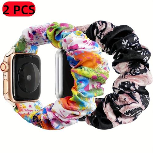 2 Pack Printed Scrunchie Elastic Bands Compatible with for Apple Watch Series 10/9/8/7/6/5/4/3/2/Se/Ultra 49Mm, Soft Stretchy Fabric Replacement Bands for Iwatch, Comfortable Stylish Wrist Straps for Women