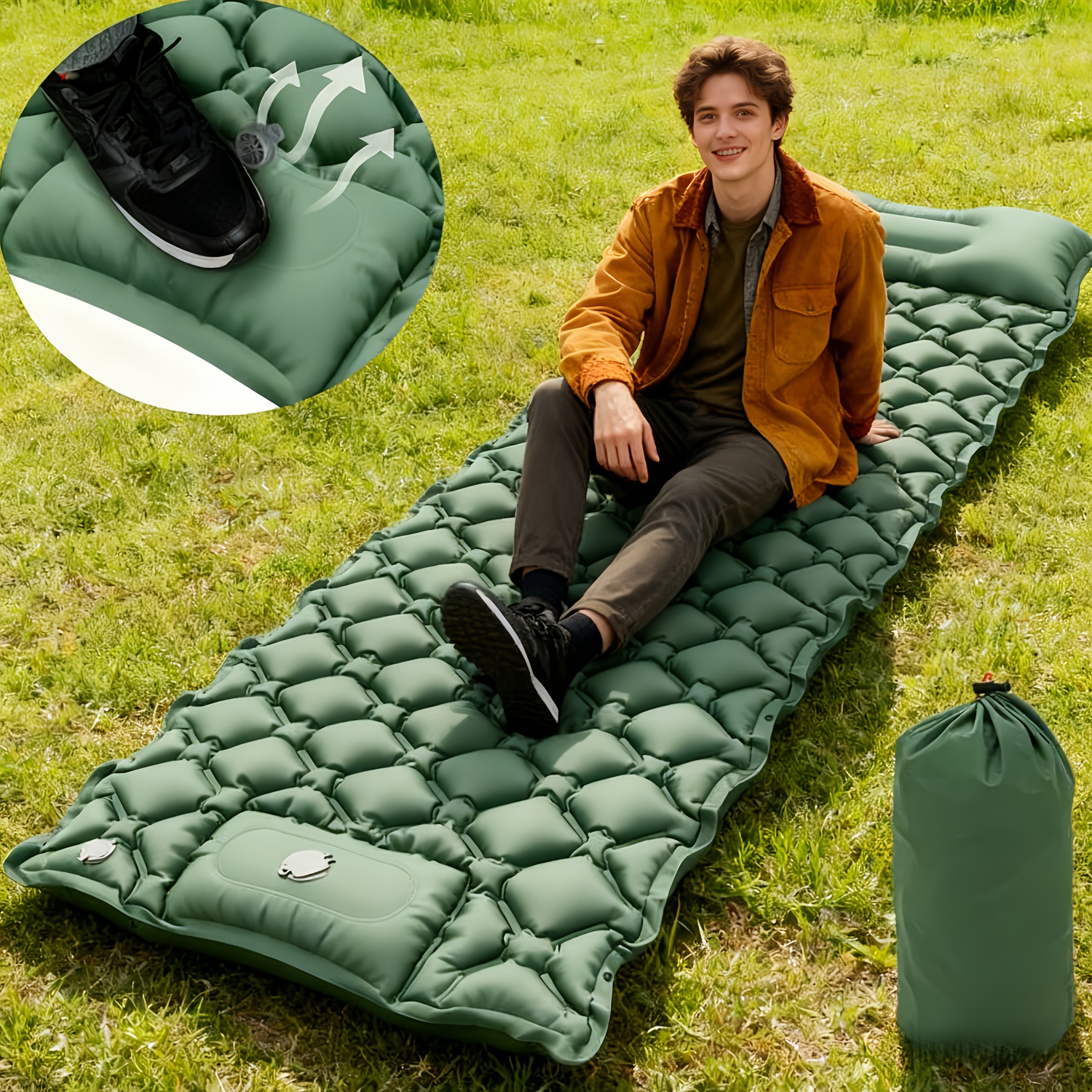 Image of Self-inflating Sleeping Mat, 15cm High Air Mattress, Camping, Small Pack Size, Inflatable Sleeping Mat, Ultralight With Foot Pump, Sleeping Mat For Outdoor, Hiking, Beach