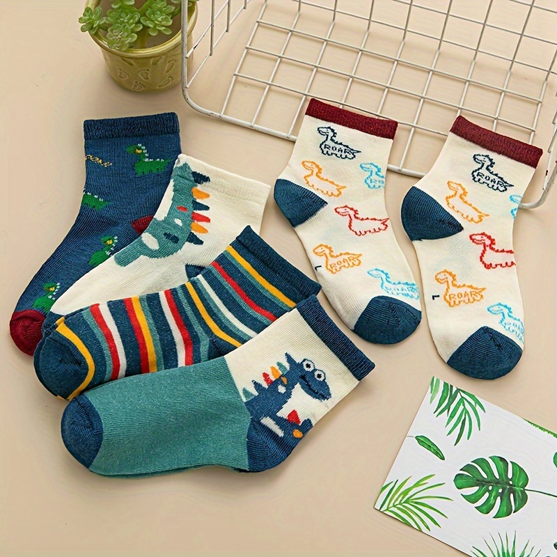 

5 Pairs Of Girls' Cute Cartoon Dinosaur Pattern Crew Socks, Soft Comfy Breathable Children's Socks For Boys Girls All Wearing